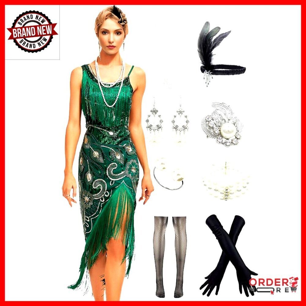 Vintage 1920s Beaded Flapper Sling Dress with Accessories Set
